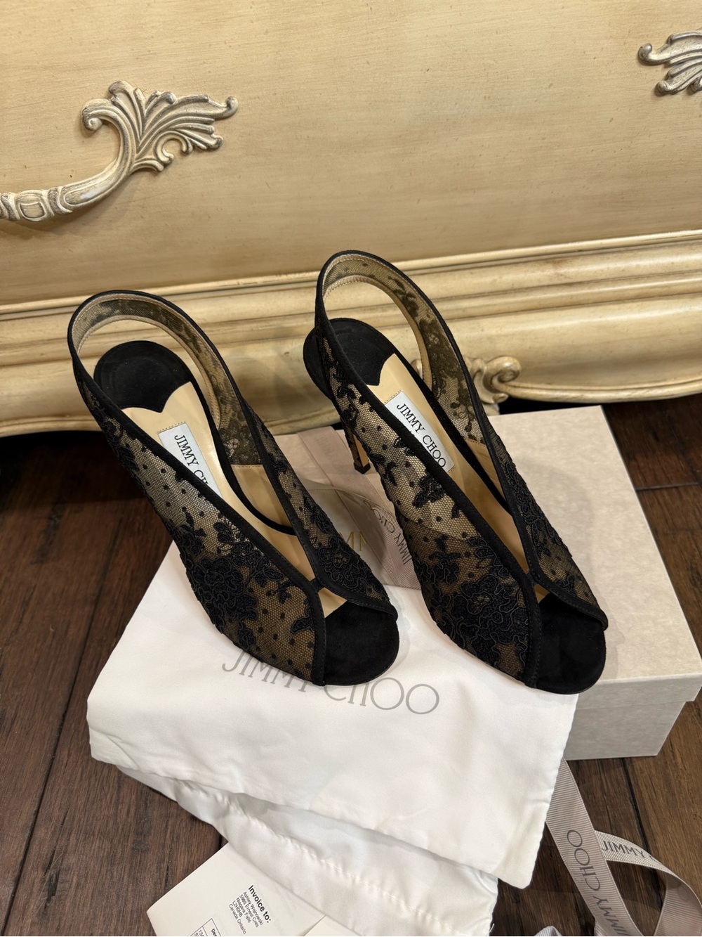 Jimmy Choo SHAR 100 Black Lace Peep-Toe Slingback Heels size 41.5 (11.5)BNIB